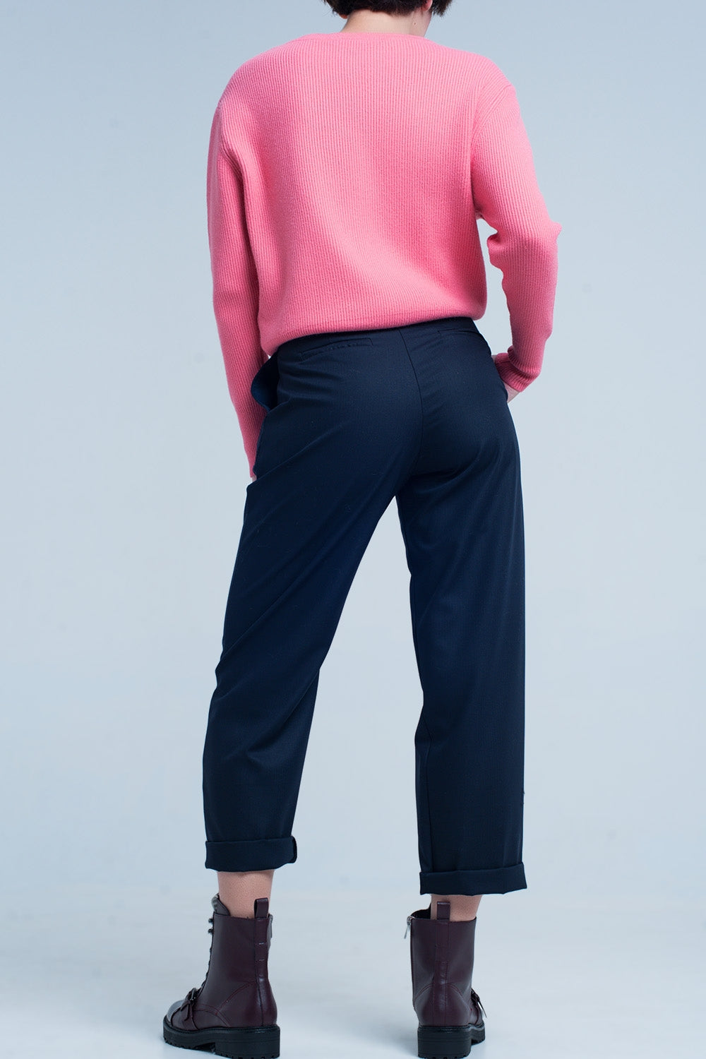 Pantalon ancho recto azul marino con lazo Q2
