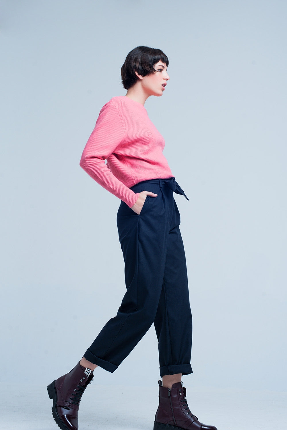 Pantalon ancho recto azul marino con lazo Q2