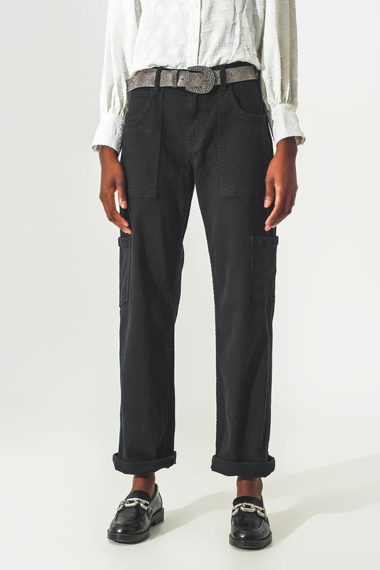 Q2 Pantalón Cargo Recto en Negro