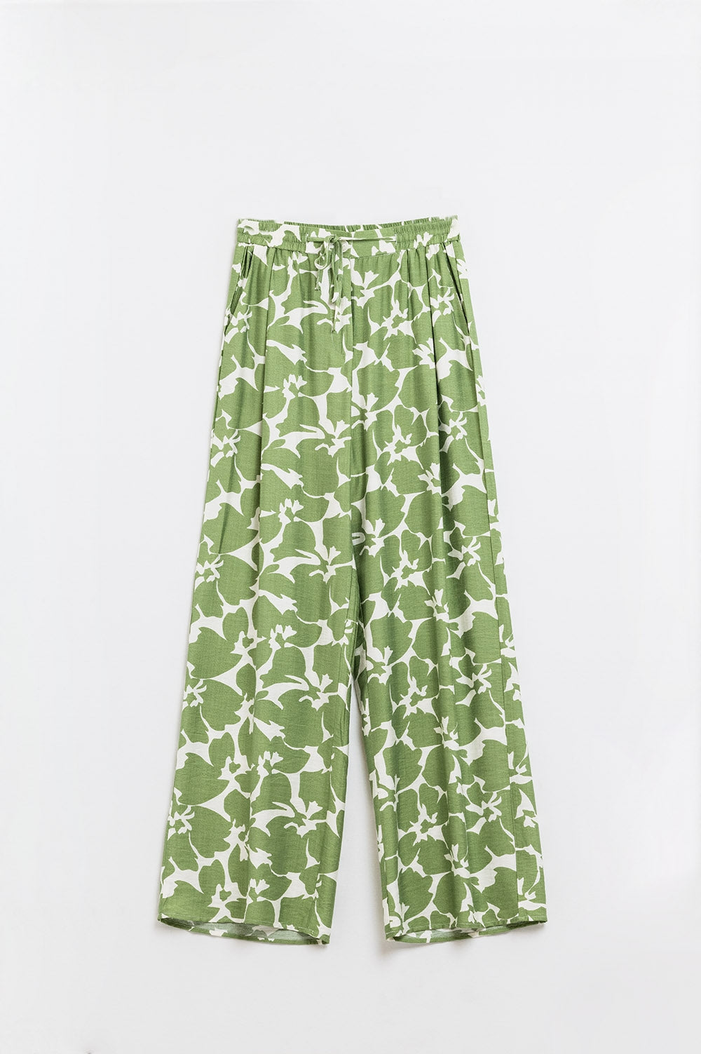 Pantalón con cintura elástica y estampado floral verde Q2