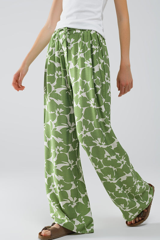 Q2 Pantalón con cintura elástica y estampado floral verde
