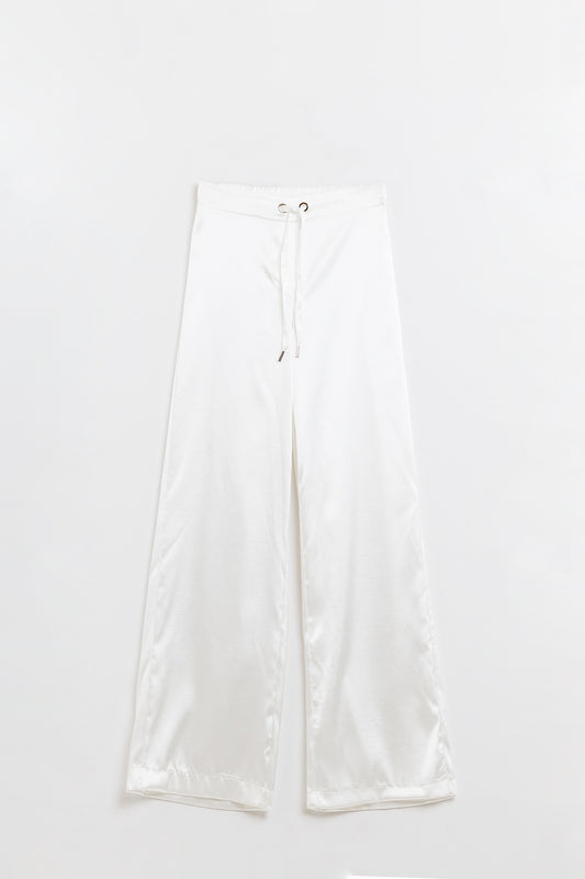 Q2 Pantalón de cintura alta de raso blanco con cordón de ajuste