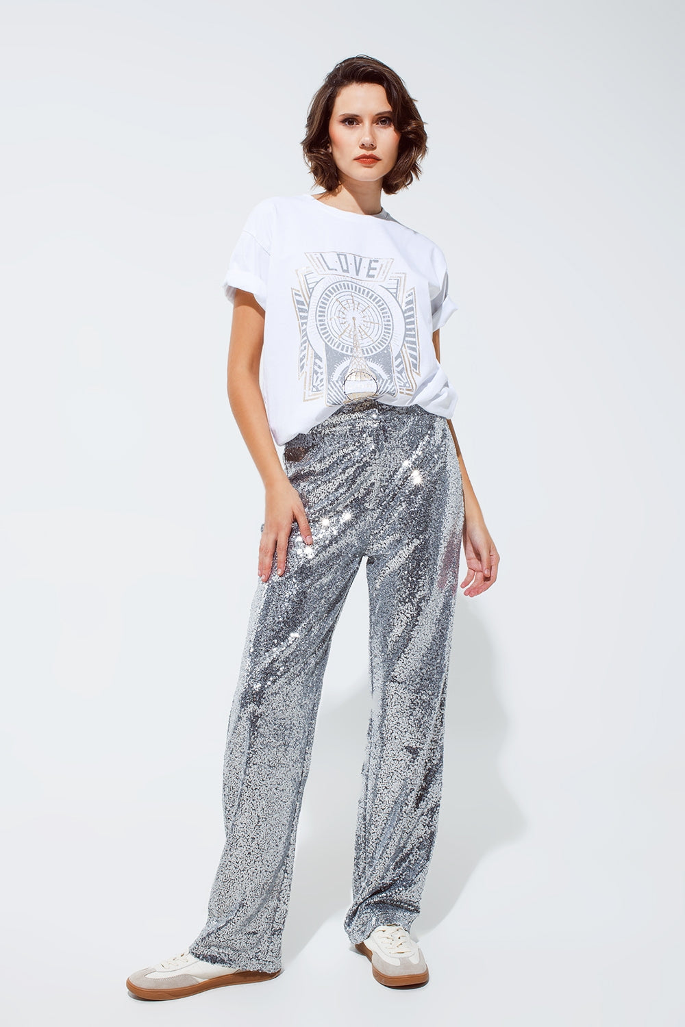 Pantalón de lentejuelas plateadas Q2