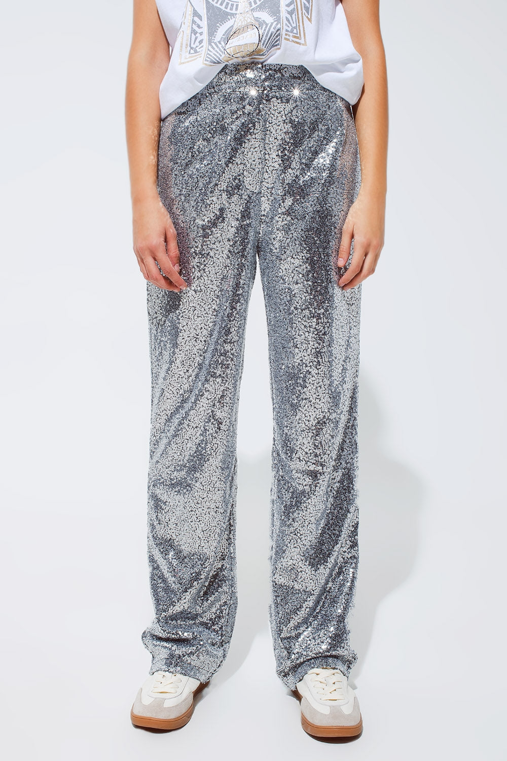Q2 Pantalón de lentejuelas plateadas