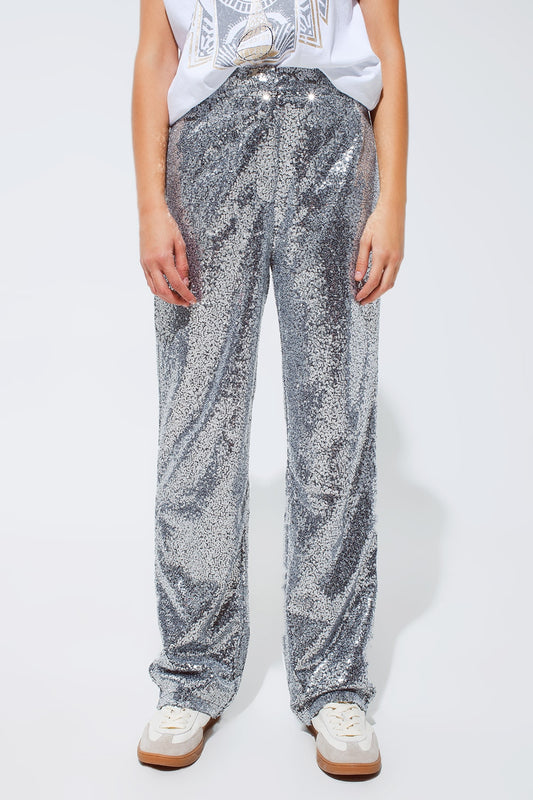 Q2 Pantalón de lentejuelas plateadas