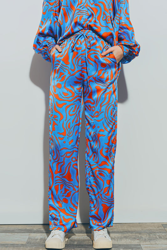 Q2 Pantalón de Raso con Cintura Elástica en Azul