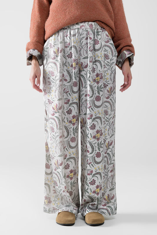Q2 pantalón de raso gris estampado de flores