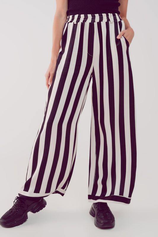 Q2 pantalón de saten de pernera ancha con rayas blancas y negras