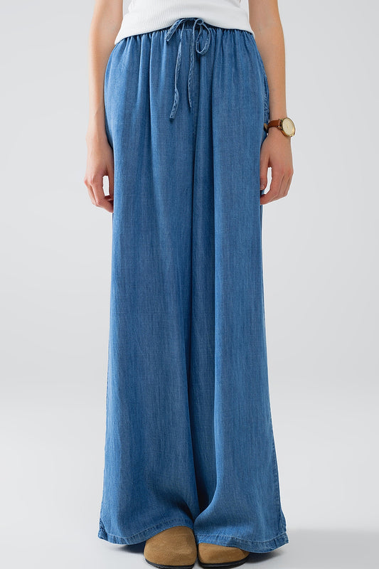 Q2 Pantalón de tencel fluido de pata ancha estilo vaquero azul