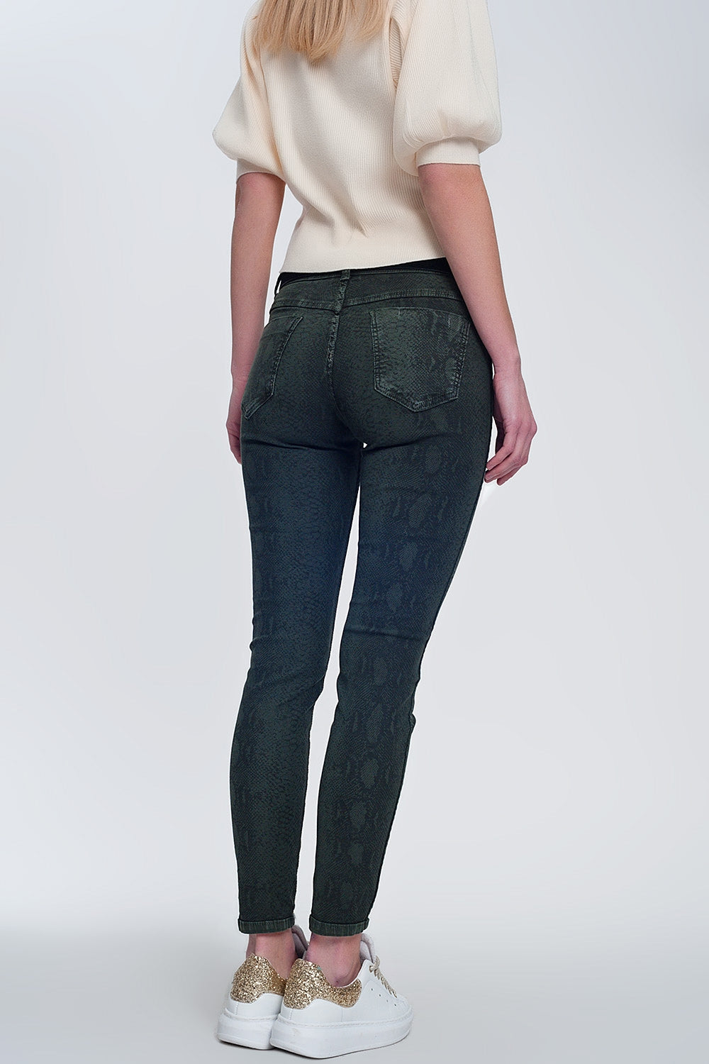 Pantalon estampado serpiente reversible en caqui Q2