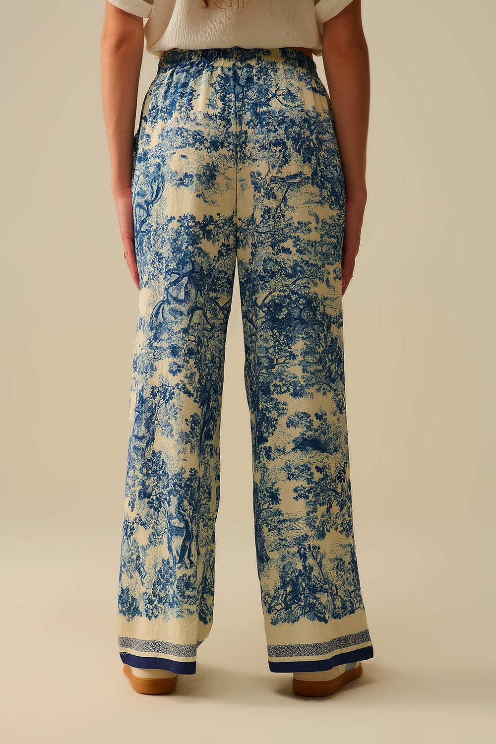 Pantalón fluido estampado Toile de Jouy con cintura elástica Q2