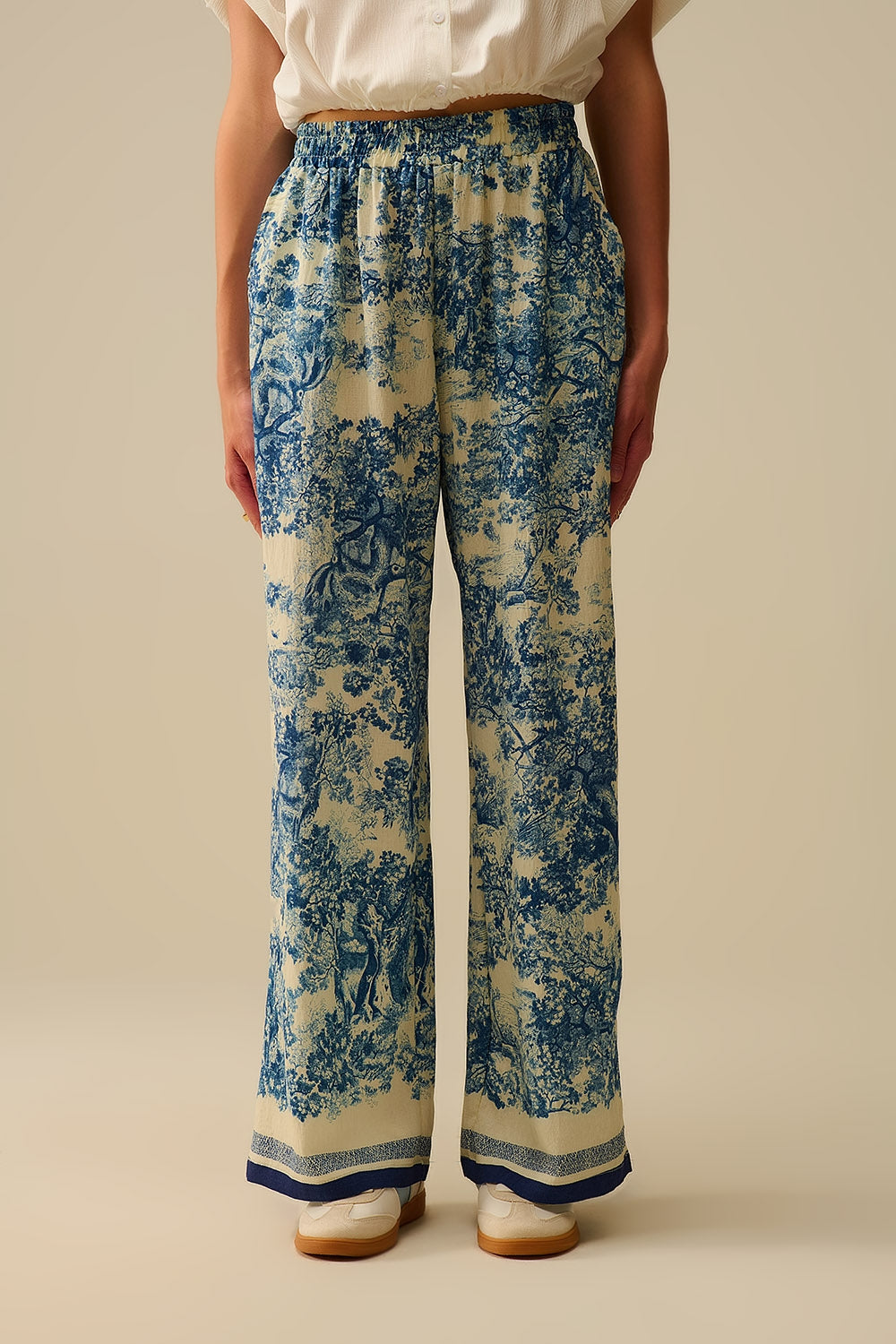 Q2 Pantalón fluido estampado Toile de Jouy con cintura elástica