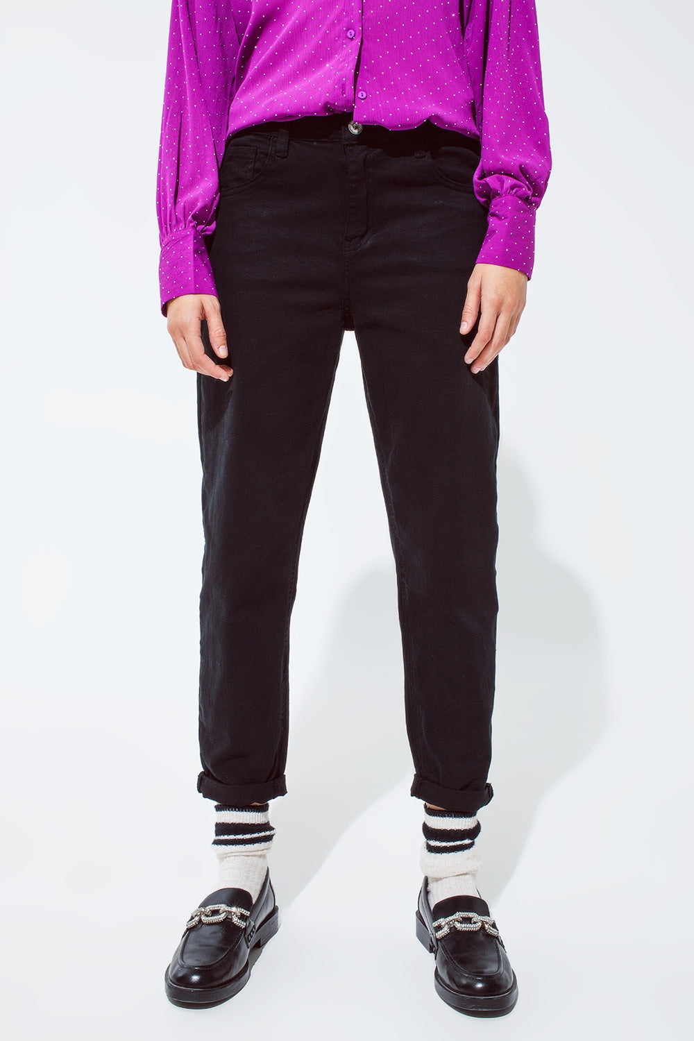 Q2 Pantalón negro holgado de algodón de tiro medio