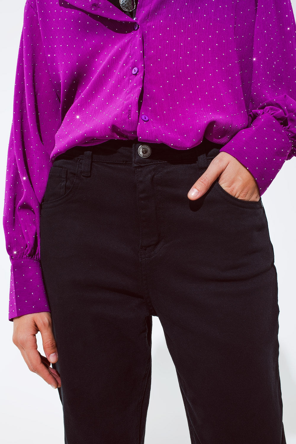 Pantalón negro holgado de algodón de tiro medio Q2