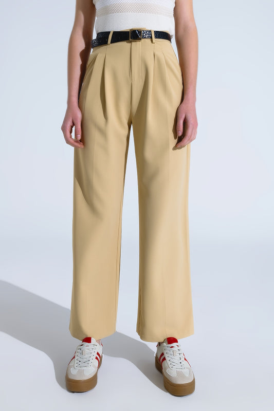 Q2 Pantalón recto con bolsillos laterales y pinzas en Beige