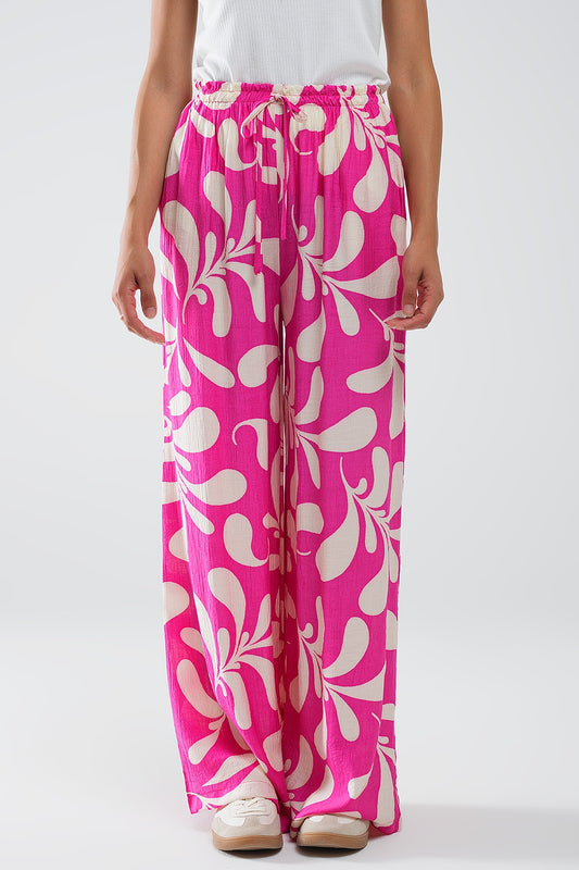 Q2 Pantalón recto con cintura elástica y estampado floral fucsia