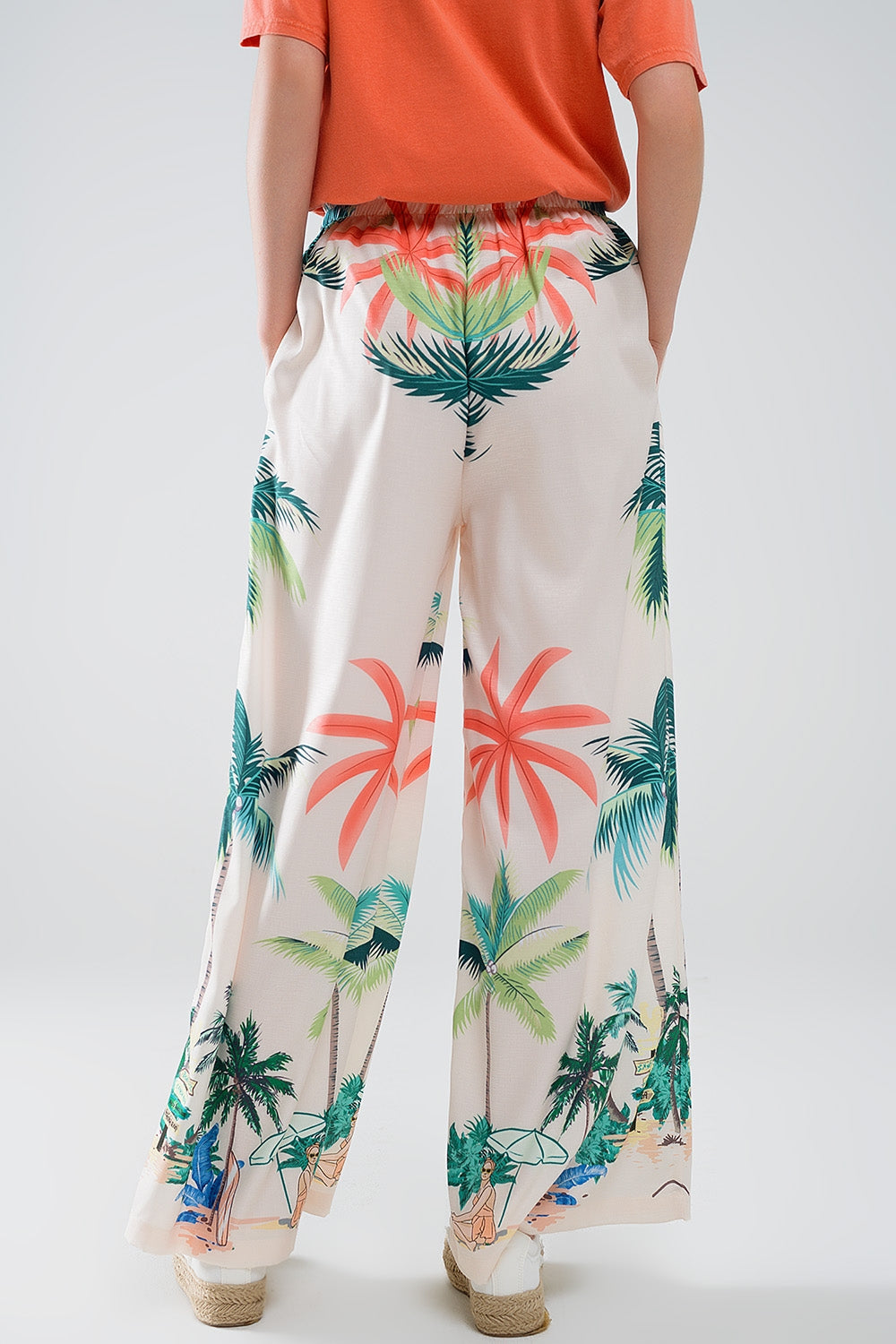 Pantalón recto crema con estampado playero y cintura elástica Q2