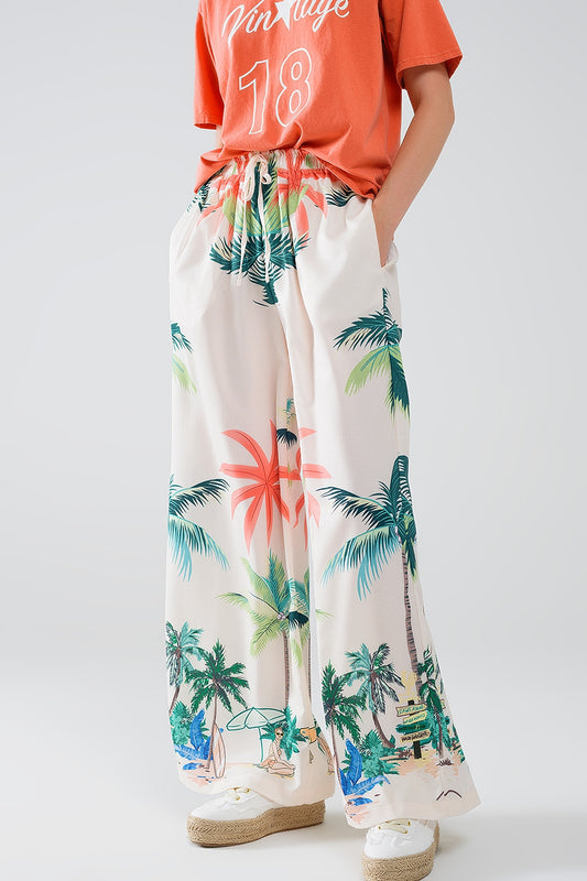 Q2 Pantalón recto crema con estampado playero y cintura elástica