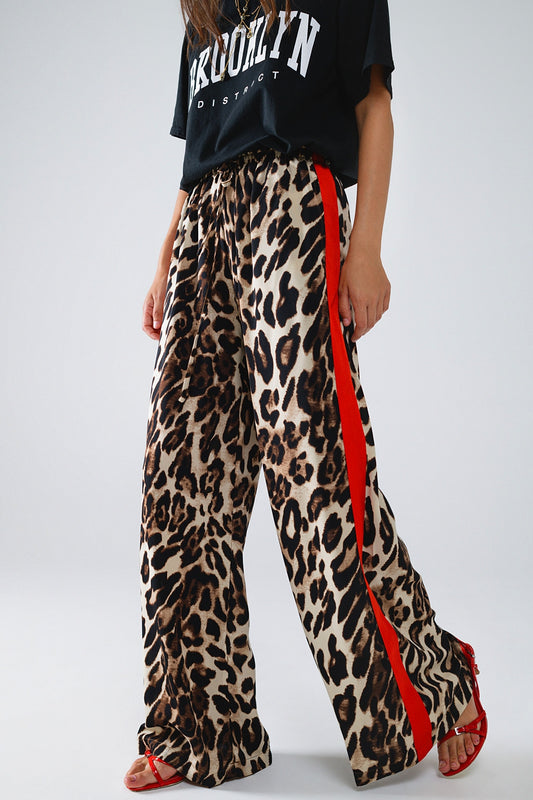 Q2 Pantalón recto de leopardo con rayas rojas laterales