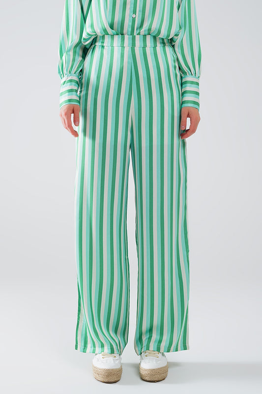Q2 Pantalón recto de rayas verticales en verde de raso