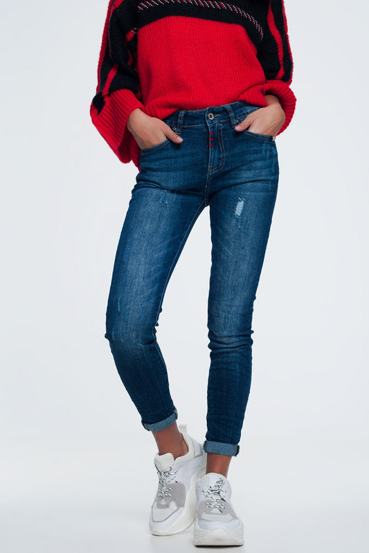 Q2 Pantalon vaquero slim con detalle de hilo en colores