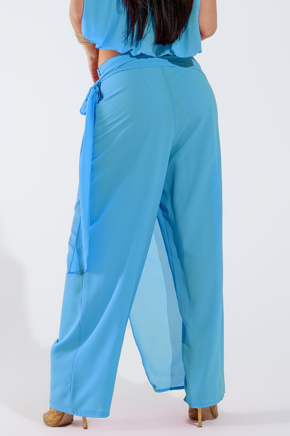 Pantalones anchos azul claro Falda superpuesta atada a un lado Q2