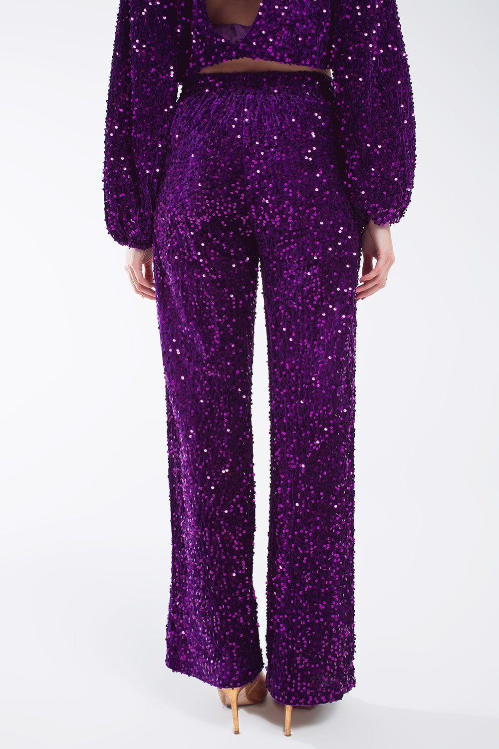 Pantalones anchos de lentejuelas con bolsillos laterales en morado Q2