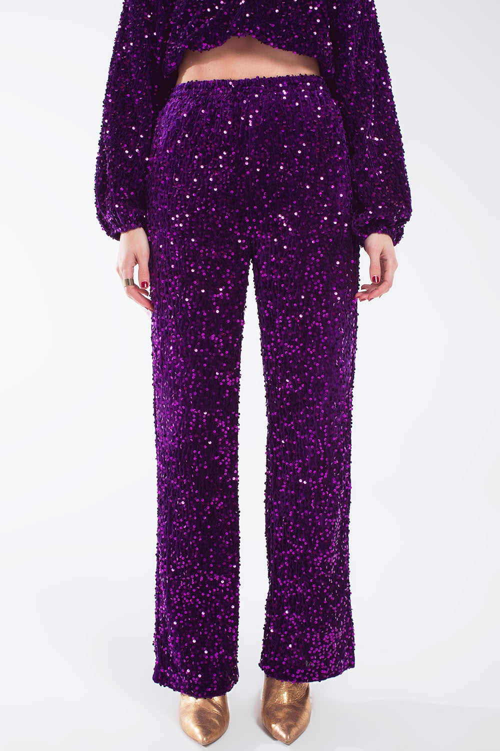 Q2 Pantalones anchos de lentejuelas con bolsillos laterales en morado
