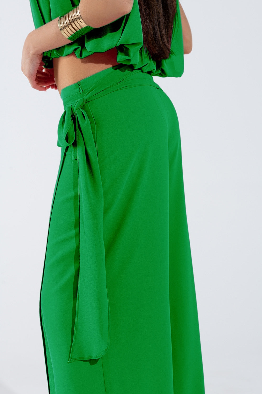 Pantalones anchos verdes Falda superpuesta Atada al Lado Q2