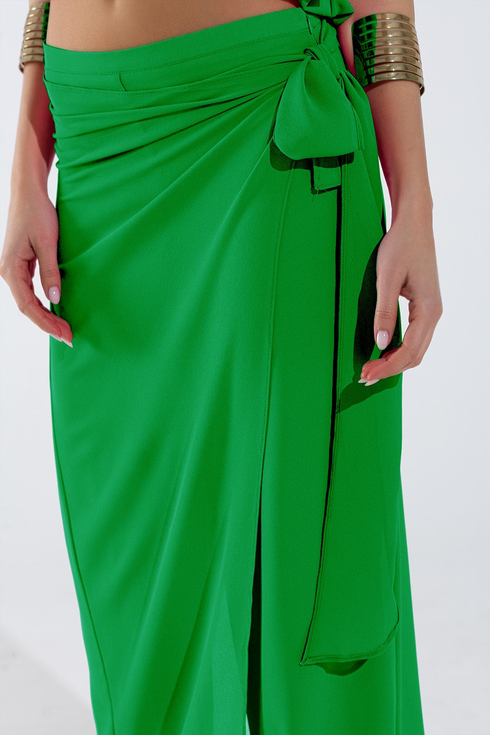 Pantalones anchos verdes Falda superpuesta Atada al Lado Q2