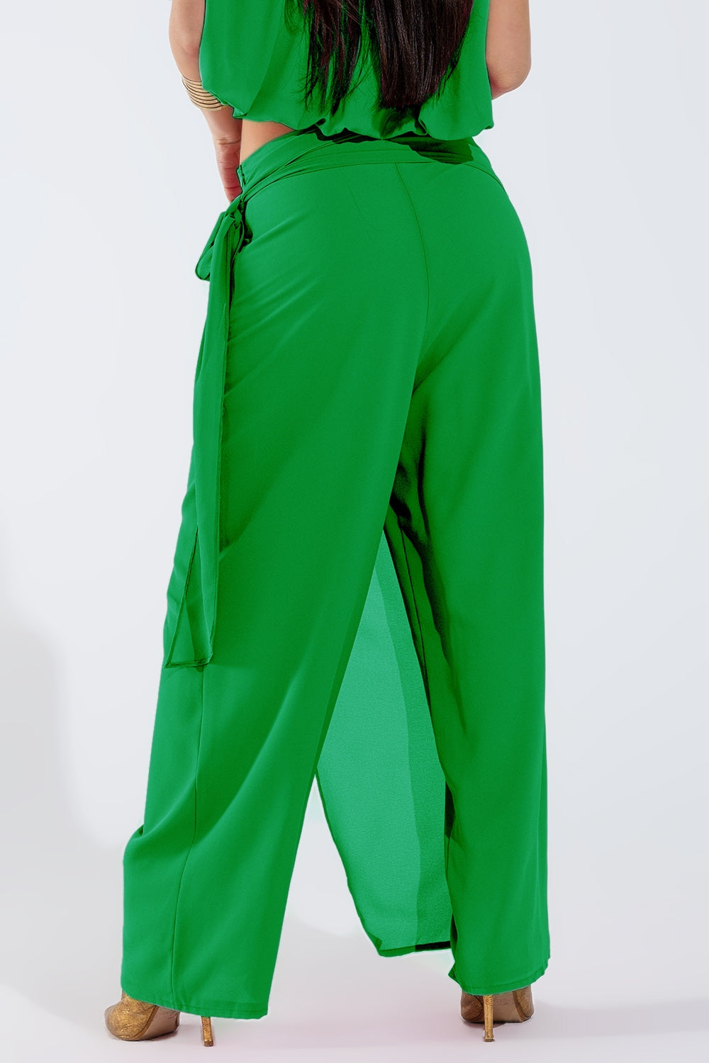 Pantalones anchos verdes Falda superpuesta Atada al Lado Q2