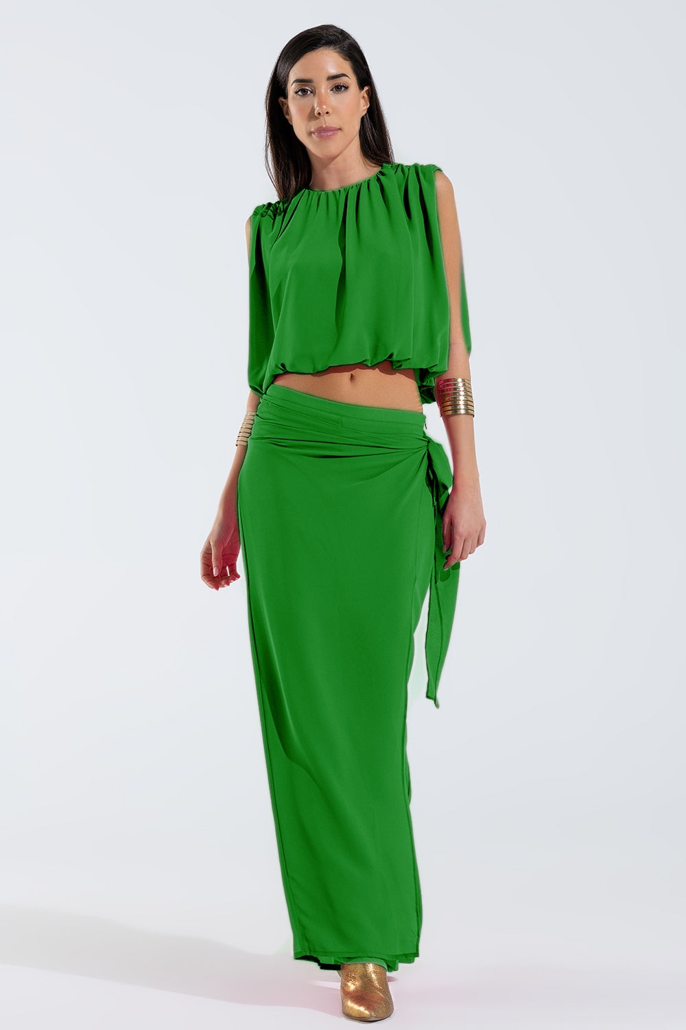 Pantalones anchos verdes Falda superpuesta Atada al Lado Q2