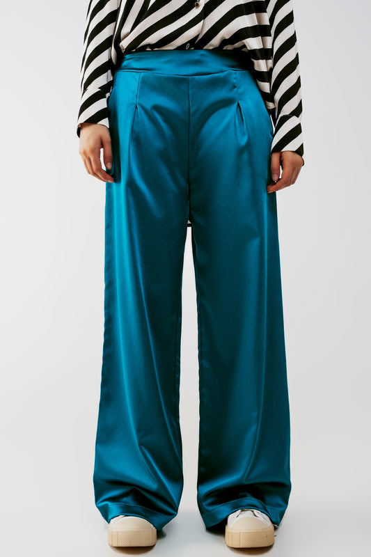 Q2 Pantalones azules de pernera ancha de satén