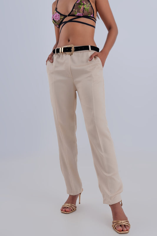 Q2 Pantalones beige de pernera ancha de satén
