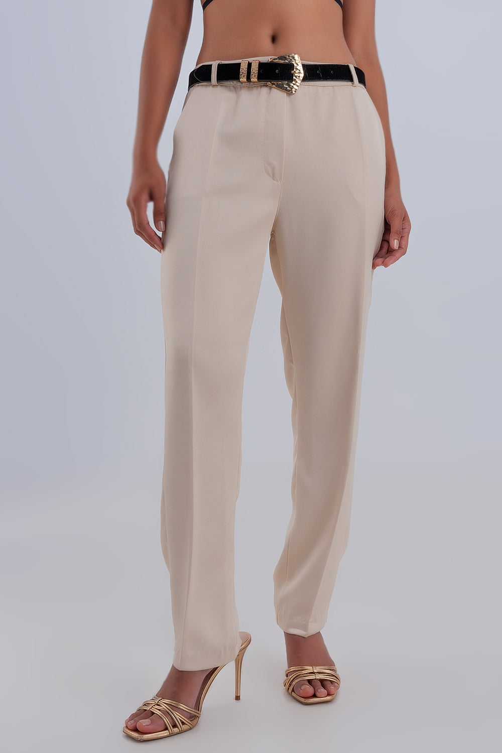 Pantalones beige de pernera ancha de satén Q2