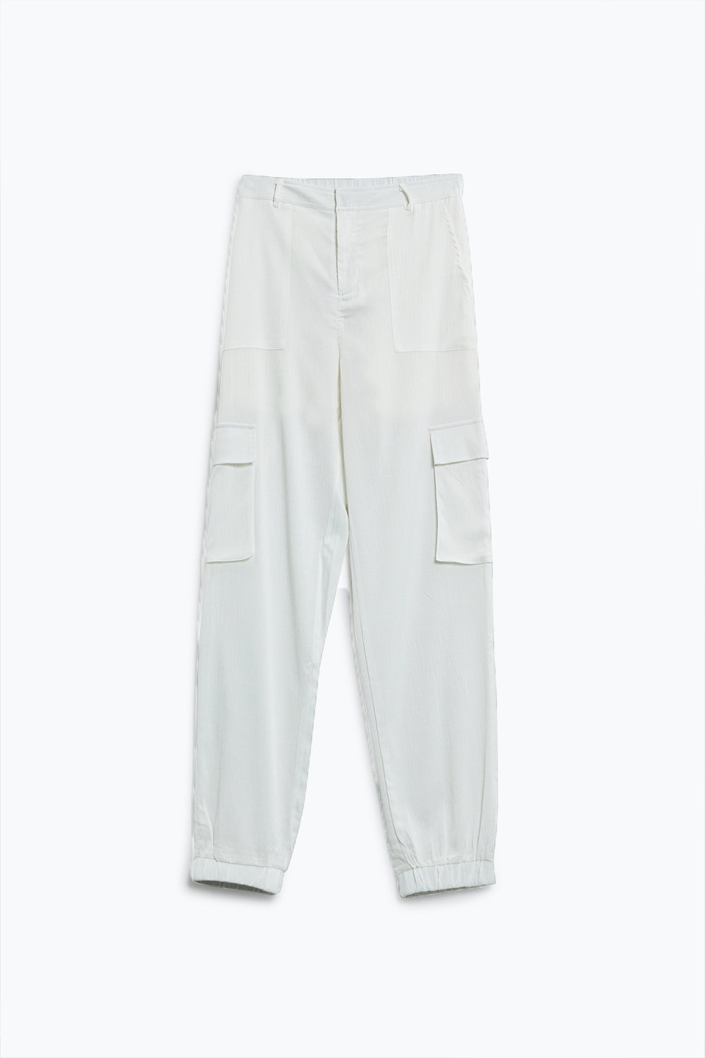 Q2 Pantalones blancos de raso con bolsillos laterales y aros para el cinturón