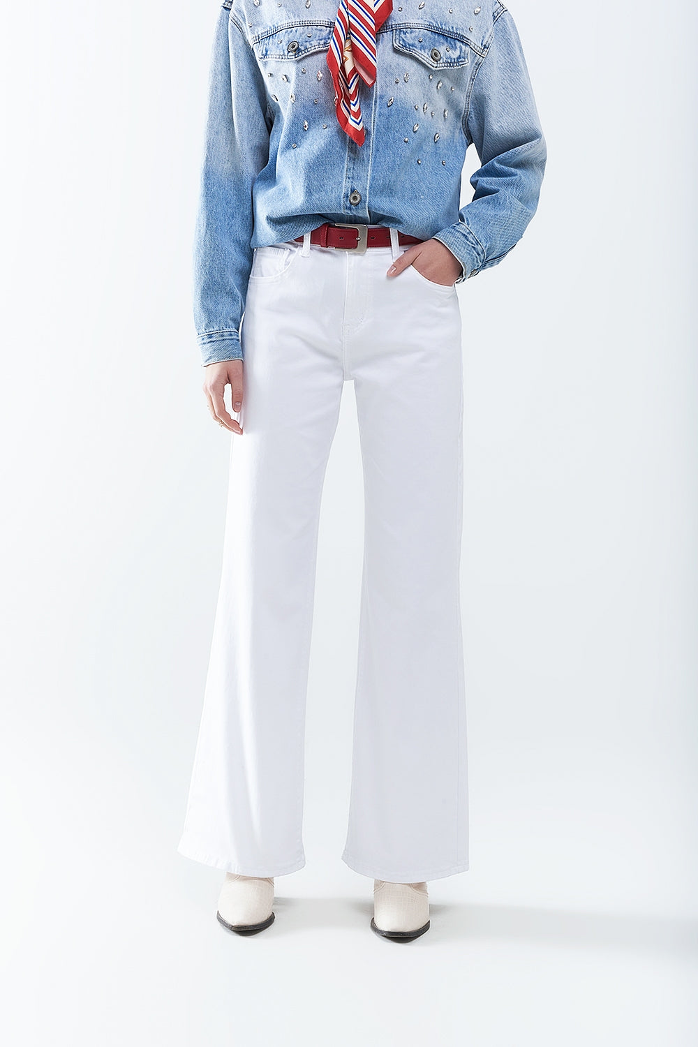 Q2 Pantalones Blancos Rectos de Pierna Ancha