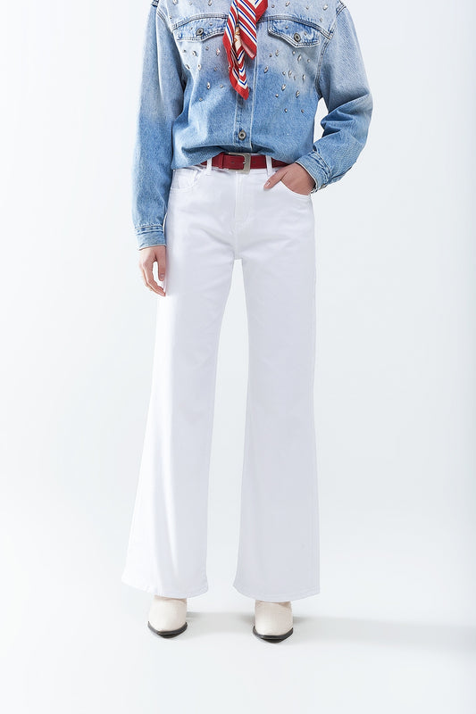 Q2 Pantalones Blancos Rectos de Pierna Ancha
