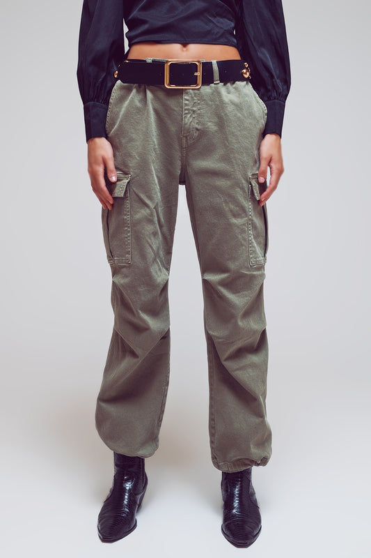 Q2 Pantalones cargo con extremos de borlas en verde militar