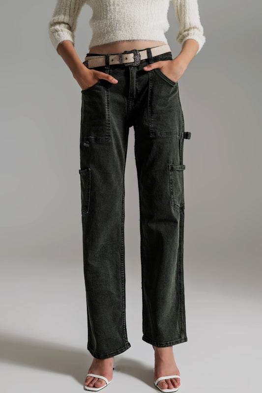 Q2 Pantalones cargo de pierna recta en verde oscuro