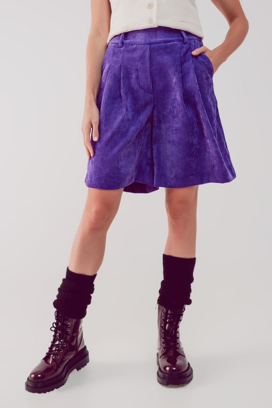 Q2 Pantalones cortos de pana morada de corte largo