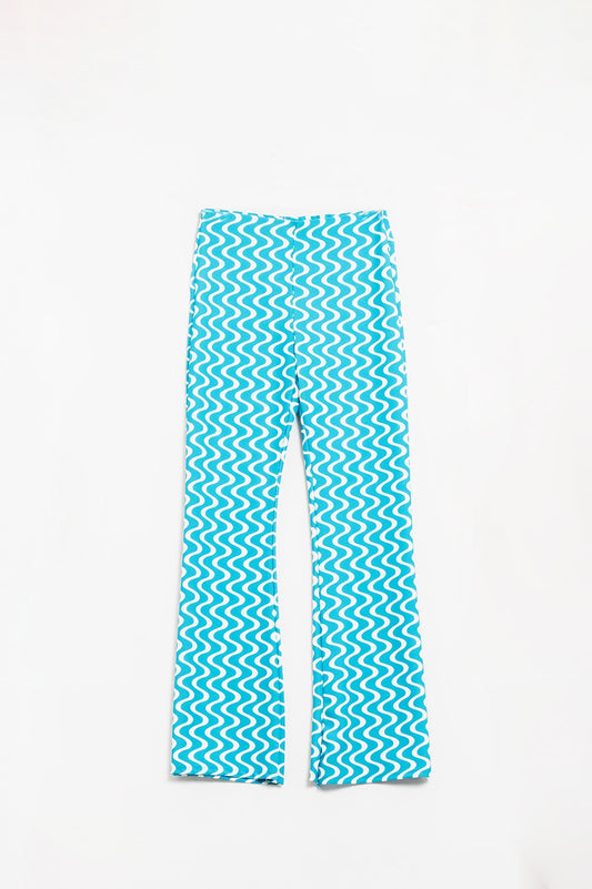 Q2 Pantalones de campana azules con estampado estilo años 70 de tiro alto