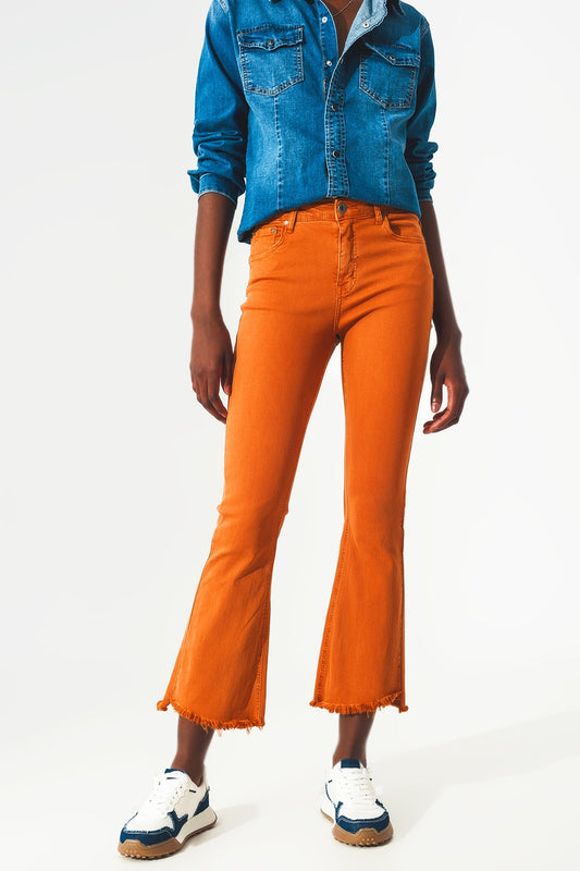 Q2 Pantalones de campana con borde de dobladillo sin rematar en naranja