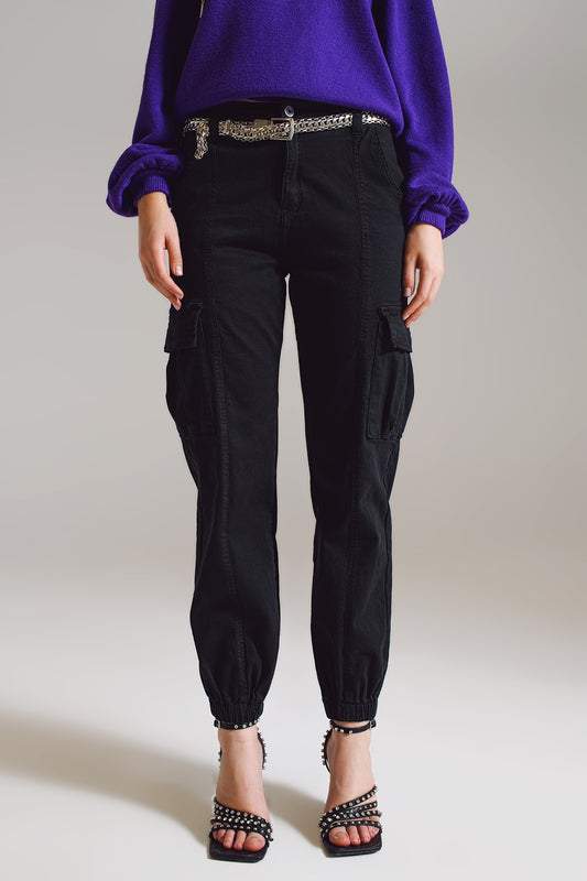 Q2 pantalones de cargo negros con cintura y dobladillo elásticos