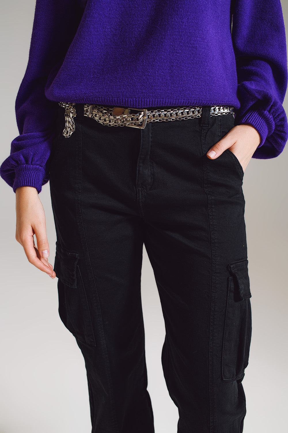 pantalones de cargo negros con cintura y dobladillo elásticos Q2