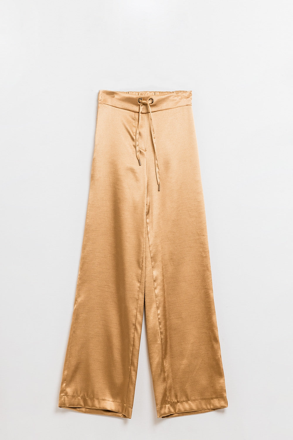 Q2 Pantalones de cintura alta de raso beige dorado con cordón de ajuste