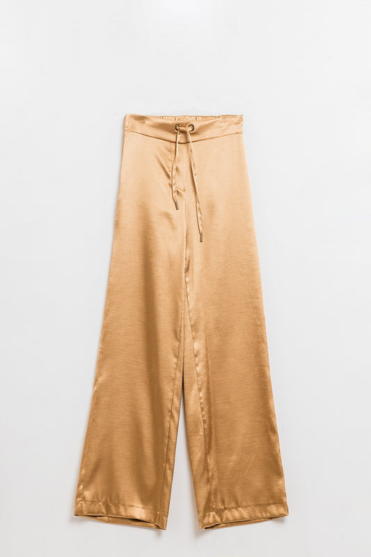 Q2 Pantalones de cintura alta de raso beige dorado con cordón de ajuste