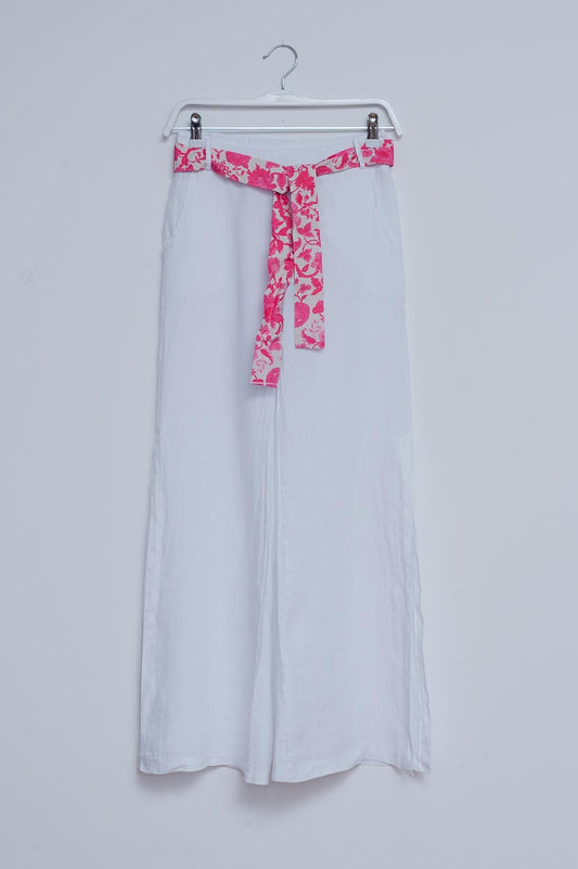 Q2 Pantalones de lino blancos de pernera ancha con aberturas laterales