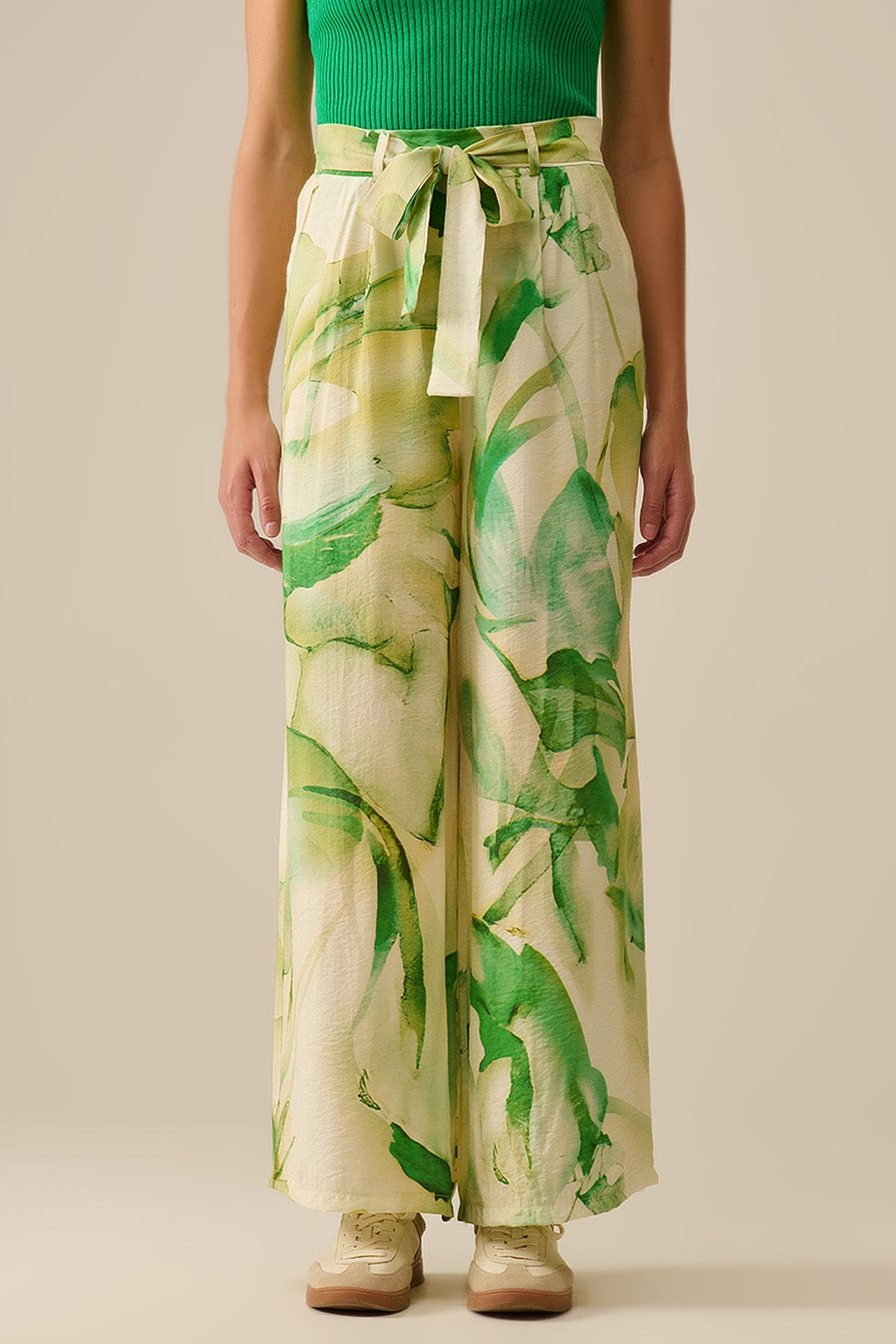 Q2 Pantalones de pata ancha con estampado de acuarela verde