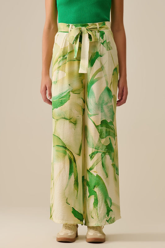 Q2 Pantalones de pata ancha con estampado de acuarela verde